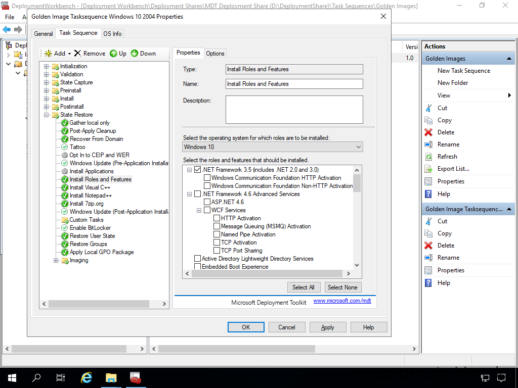 Netzwerkinstallation mit dem Microsoft Deployment Toolkit – Teil 4: Integration des Base Image und des Windows Deployment Service - deplo file a mentwcrkbench de ic ment workbenc 10 Screenshot: Deployment Workbench - Anpassen der Base Image Tasksequenz - Install .Net
