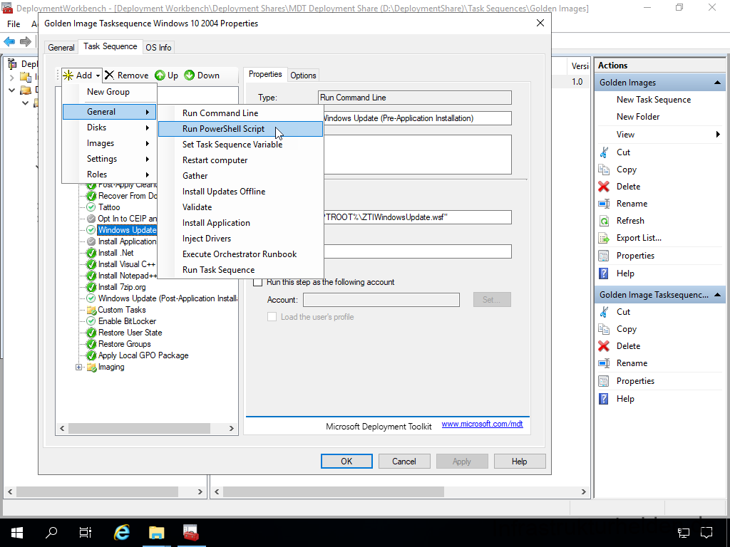 Netzwerkinstallation mit dem Microsoft Deployment Toolkit – Teil 4: Integration des Base Image und des Windows Deployment Service - deplo file a mentwcrkbench de ic ment workbenc 11 Screenshot: Deployment Workbench - Anpassen der Base Image Tasksequenz - Add PowerShell Script