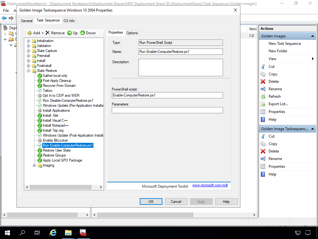 Netzwerkinstallation mit dem Microsoft Deployment Toolkit – Teil 4: Integration des Base Image und des Windows Deployment Service - deplo file a mentwcrkbench de ic ment workbenc 12 Screenshot: Deployment Workbench - Anpassen der Base Image Tasksequenz - Enable-Computer-Restorepoint