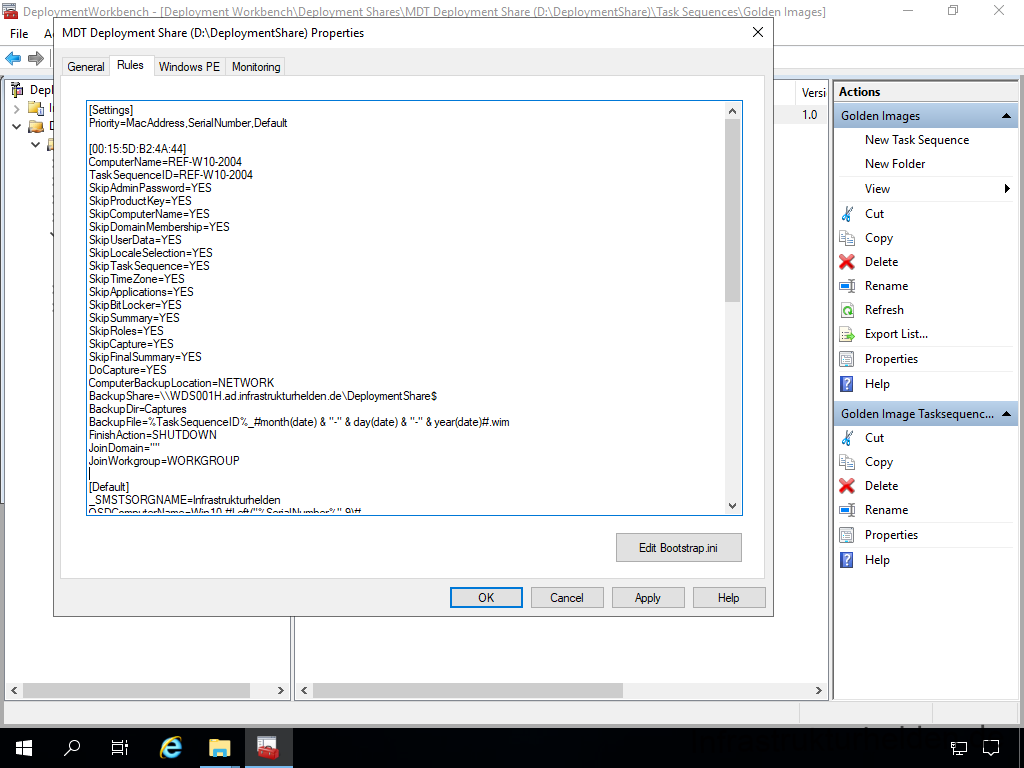 Netzwerkinstallation mit dem Microsoft Deployment Toolkit – Teil 4: Integration des Base Image und des Windows Deployment Service - deplo file a mentwcrkbench de ic ment workbenc 13 Screenshot: Deployment Workbench - Anpassen der Base Image Regeln