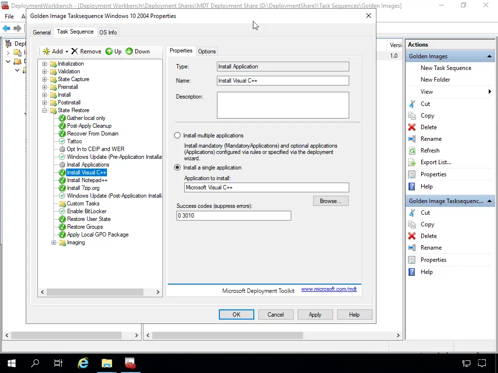 Screenshot: Deployment Workbench - Anpassen der Base Image Tasksequenz - Install Application