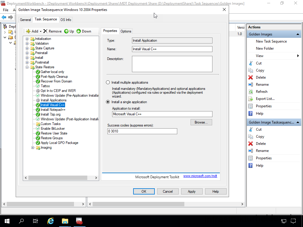 Netzwerkinstallation mit dem Microsoft Deployment Toolkit – Teil 4: Integration des Base Image und des Windows Deployment Service - deplo file a mentwcrkbench de ic ment workbenc 8 Screenshot: Deployment Workbench - Anpassen der Base Image Tasksequenz - Install Application
