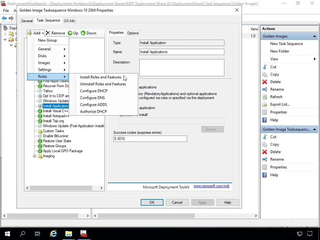 Screenshot: Deployment Workbench - Anpassen der Base Image Tasksequenz - Install Rolles