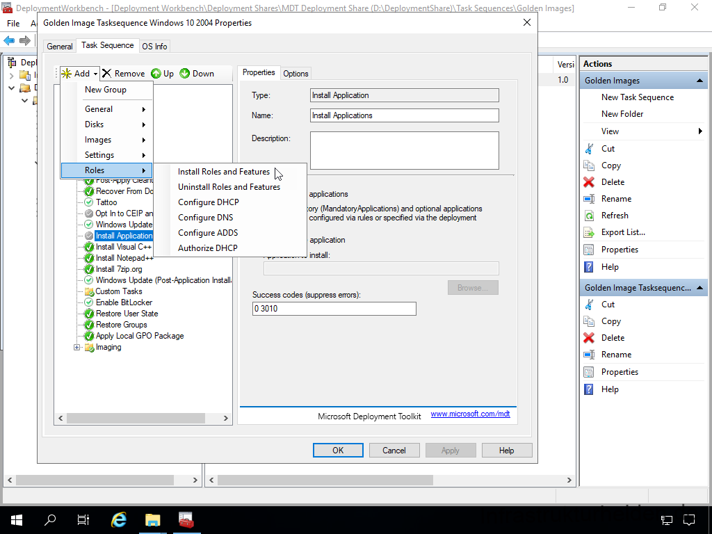 Netzwerkinstallation mit dem Microsoft Deployment Toolkit – Teil 4: Integration des Base Image und des Windows Deployment Service - deplo file a mentwcrkbench de ic ment workbenc 9 Screenshot: Deployment Workbench - Anpassen der Base Image Tasksequenz - Install Rolles