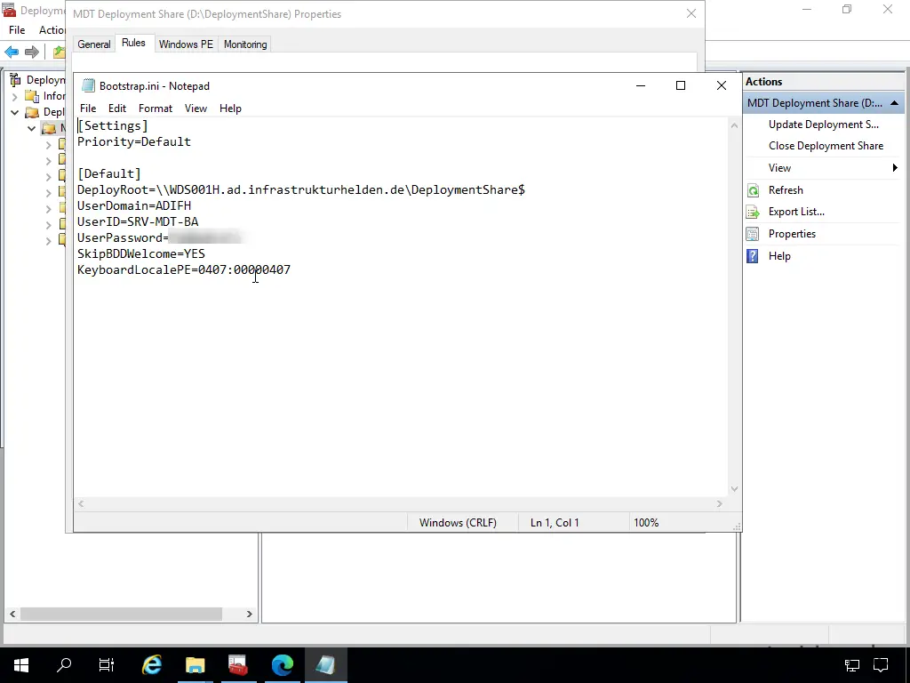 Screenshot: MDT Deployment Workbench - Konfiguration der MDT Regeln - Bootstrap.ini