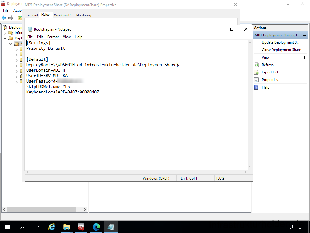 Netzwerkinstallation mit dem Microsoft Deployment Toolkit – Teil 3: Erstellung von Tasksequenzen - deploym file actio deploy info v dep mdt depl 1 Screenshot: MDT Deployment Workbench - Konfiguration der MDT Regeln - Bootstrap.ini