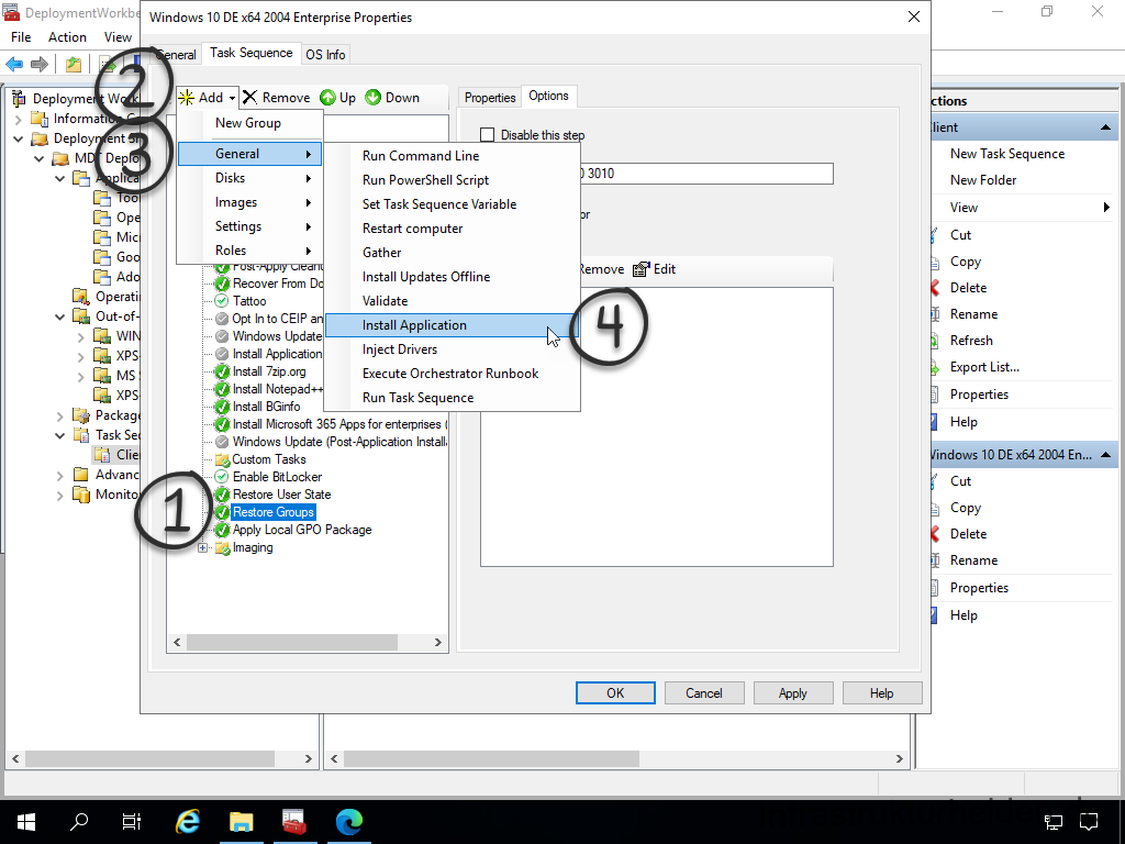 Netzwerkinstallation mit dem Microsoft Deployment Toolkit – Teil 3: Erstellung von Tasksequenzen - deploymentwcrkb file action view deployme w inf 1 Screenshot: MDT Deployment Workbench - Bearbeitung der Tasksequenz - Install LAPS