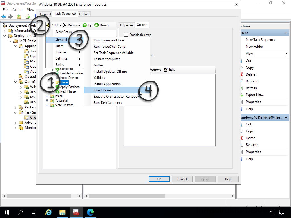 Netzwerkinstallation mit dem Microsoft Deployment Toolkit – Teil 3: Erstellung von Tasksequenzen - deploymentwcrkb file action view deployment inf 2 Screenshot: MDT Deployment Workbench - Bearbeitung der Tasksequenz - Treiber einfügen