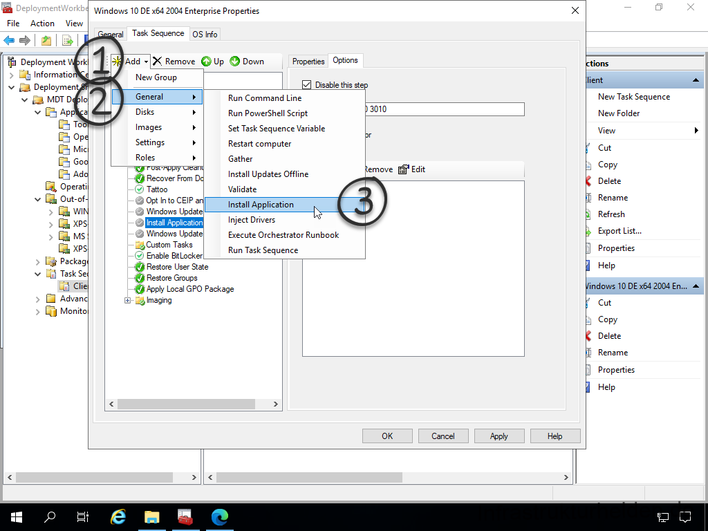 Netzwerkinstallation mit dem Microsoft Deployment Toolkit – Teil 3: Erstellung von Tasksequenzen - deploymentwcrkb file action view deployment inf 3 Screenshot: MDT Deployment Workbench - Bearbeitung der Tasksequenz - Install Application
