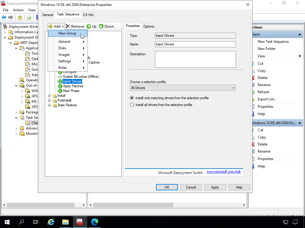 Netzwerkinstallation mit dem Microsoft Deployment Toolkit – Teil 3: Erstellung von Tasksequenzen - deploymentwcrkb file action view deployment work 10 Screenshot: MDT Deployment Workbench - Bearbeitung der Tasksequenz - Treiber einfügen