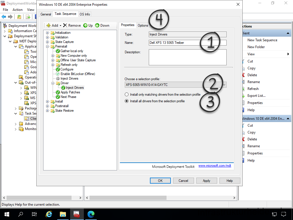 Netzwerkinstallation mit dem Microsoft Deployment Toolkit – Teil 3: Erstellung von Tasksequenzen - deploymentwcrkb file action view deployment work 12 Screenshot: MDT Deployment Workbench - Bearbeitung der Tasksequenz - Treiber einfügen - Profil Auswahl