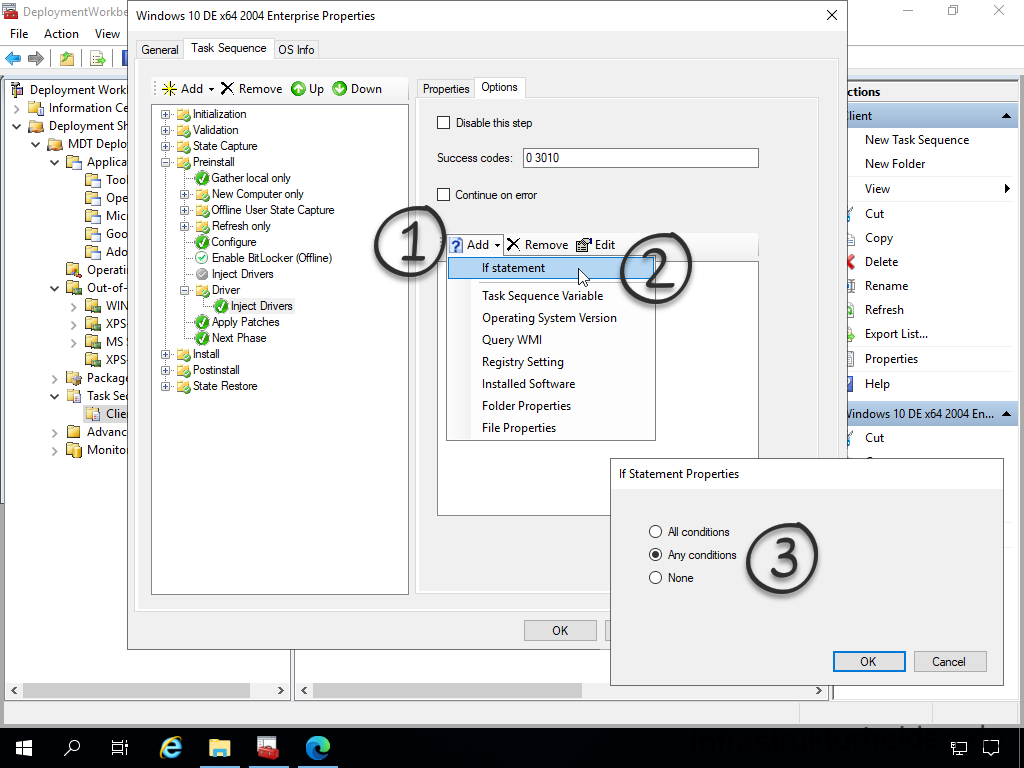 Netzwerkinstallation mit dem Microsoft Deployment Toolkit – Teil 3: Erstellung von Tasksequenzen - deploymentwcrkb file action view deployment work 13 Screenshot: MDT Deployment Workbench - Bearbeitung der Tasksequenz - Treiber einfügen - Abfrage einrichten