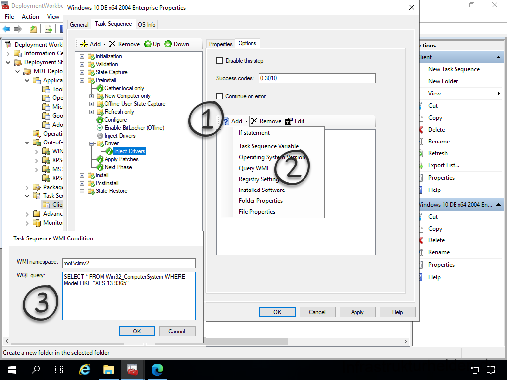 Netzwerkinstallation mit dem Microsoft Deployment Toolkit – Teil 3: Erstellung von Tasksequenzen - deploymentwcrkb file action view deployment work 14 Screenshot: MDT Deployment Workbench - Bearbeitung der Tasksequenz - Treiber einfügen - WMI Abfrage einrichten