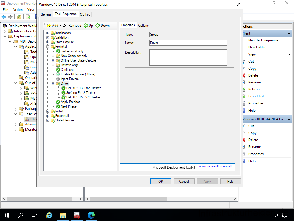 Netzwerkinstallation mit dem Microsoft Deployment Toolkit – Teil 3: Erstellung von Tasksequenzen - deploymentwcrkb file action view deployment work 15 Screenshot: MDT Deployment Workbench - Bearbeitung der Tasksequenz - Treiber einfügen