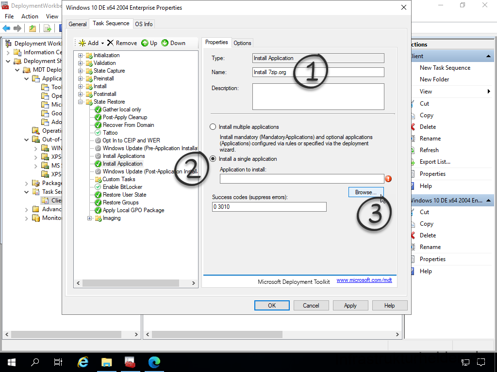 Netzwerkinstallation mit dem Microsoft Deployment Toolkit – Teil 3: Erstellung von Tasksequenzen - deploymentwcrkb file action view deployment work 16 Screenshot: MDT Deployment Workbench - Bearbeitung der Tasksequenz - Install Application - Single application