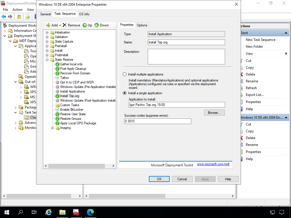 Netzwerkinstallation mit dem Microsoft Deployment Toolkit – Teil 3: Erstellung von Tasksequenzen - deploymentwcrkb file action view deployment work 17 Screenshot: MDT Deployment Workbench - Bearbeitung der Tasksequenz - Install Application
