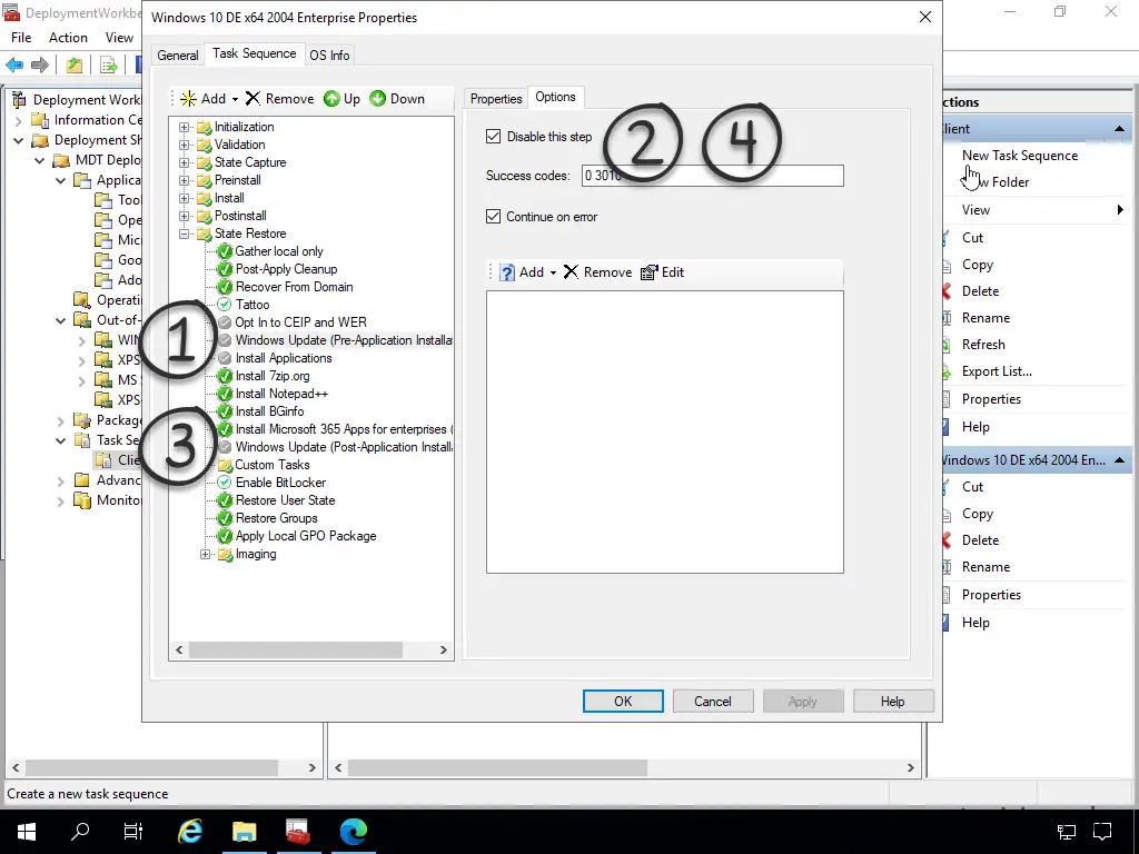 Screenshot: MDT Deployment Workbench - Bearbeitung der Tasksequenz - Install Application