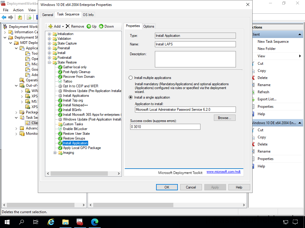 Netzwerkinstallation mit dem Microsoft Deployment Toolkit – Teil 3: Erstellung von Tasksequenzen - deploymentwcrkb file action view deployment work 19 Screenshot: MDT Deployment Workbench - Bearbeitung der Tasksequenz - Install LAPS