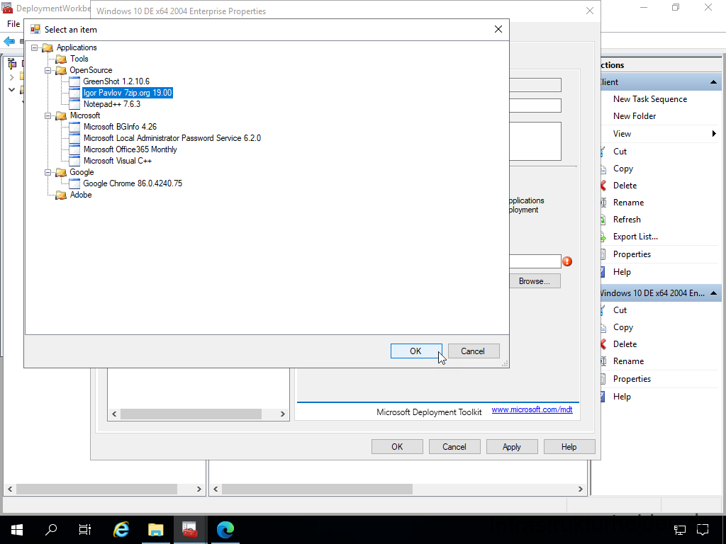 Netzwerkinstallation mit dem Microsoft Deployment Toolkit – Teil 3: Erstellung von Tasksequenzen - deploymentwcrkb windows 10 de xe4 2dc4 enterprise 1 Screenshot: MDT Deployment Workbench - Bearbeitung der Tasksequenz - Install Application
