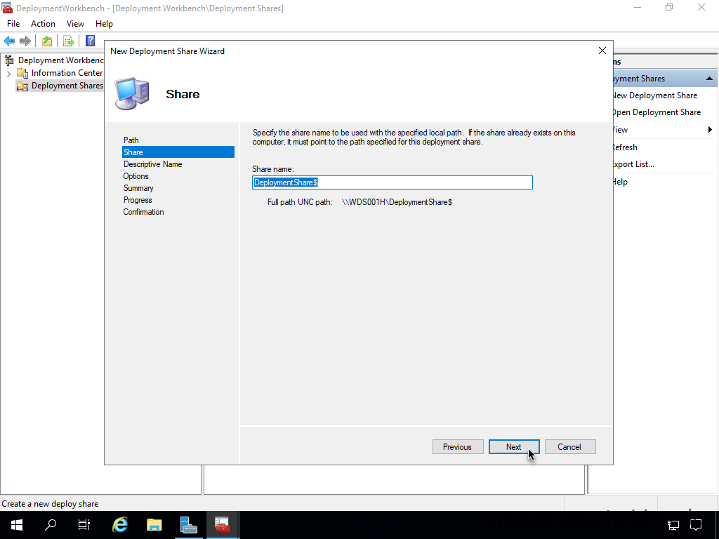Netzwerkinstallation mit dem Microsoft Deployment Toolkit – Teil 1: Hinweise, Vorbereitung und Einrichtung - deploymentwcrkbench deployment workbench depicy 1 Screenshot: Start Deployment Workbench - New Deployment Share - Share