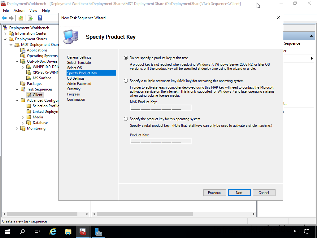 Netzwerkinstallation mit dem Microsoft Deployment Toolkit – Teil 3: Erstellung von Tasksequenzen - deploymentwcrkbench deployment workbench depicy 54 Screenshot: MDT Deployment Workbench - Erstellung einer Tasksequenz - Specify Product Key
