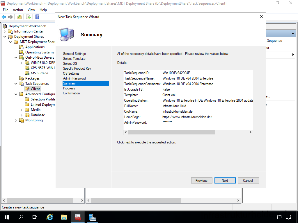 Netzwerkinstallation mit dem Microsoft Deployment Toolkit – Teil 3: Erstellung von Tasksequenzen - deploymentwcrkbench deployment workbench depicy 57 Screenshot: MDT Deployment Workbench - Erstellung einer Tasksequenz - Summary