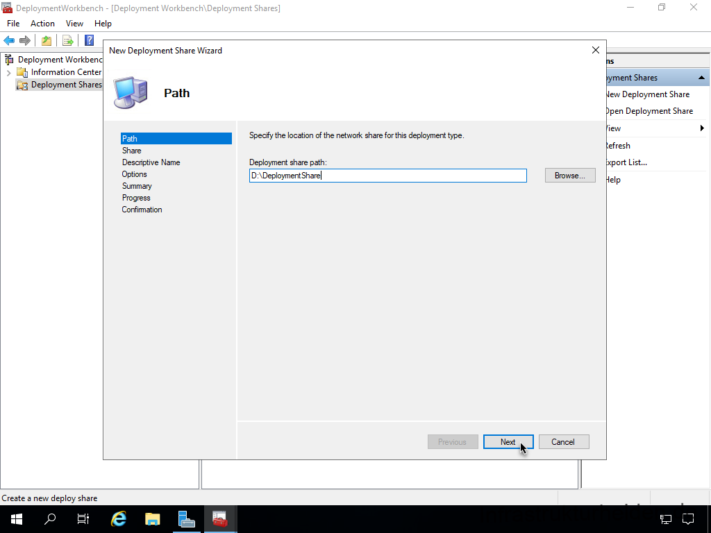 Netzwerkinstallation mit dem Microsoft Deployment Toolkit – Teil 1: Hinweise, Vorbereitung und Einrichtung - deploymentwcrkbench deployment workbench depicy Screenshot: Start Deployment Workbench - New Deployment Share - Path
