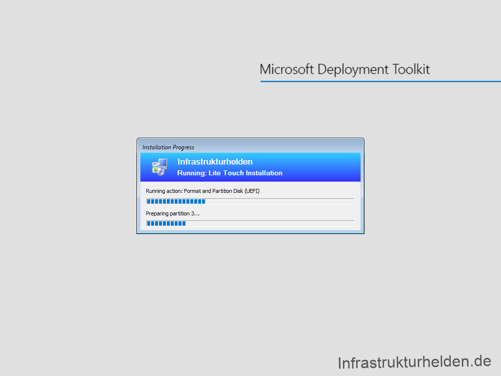 Netzwerkinstallation mit dem Microsoft Deployment Toolkit – Teil 3: Erstellung von Tasksequenzen - microsoft deployment toolkit insta tion progress 2 Screenshot: MDT - Testinstallation - Process