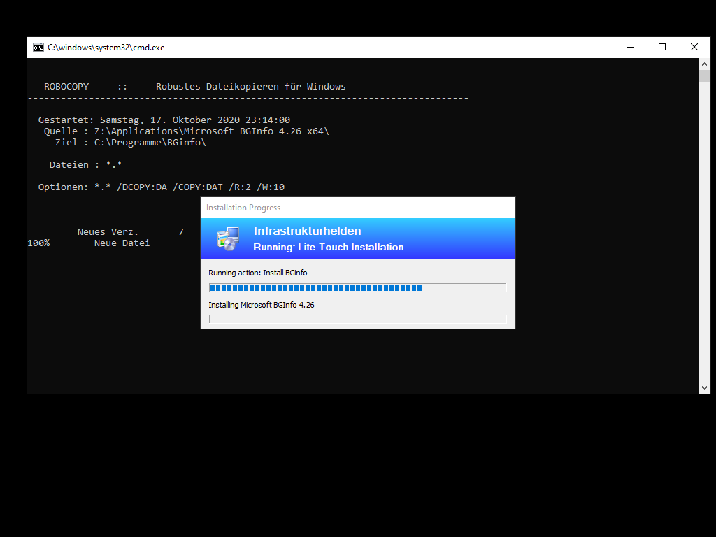 Netzwerkinstallation mit dem Microsoft Deployment Toolkit – Teil 3: Erstellung von Tasksequenzen - robocopy robustes dateikopieren fur windows gest 1 Screenshot: MDT - Testinstallation - Installation Process - BGInfo