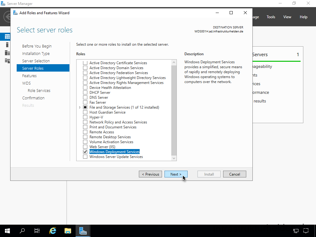 Netzwerkinstallation mit dem Microsoft Deployment Toolkit – Teil 4: Integration des Base Image und des Windows Deployment Service - server manager add roles and features wizard age 2 Screenshot: Installation Windows Deployment Service