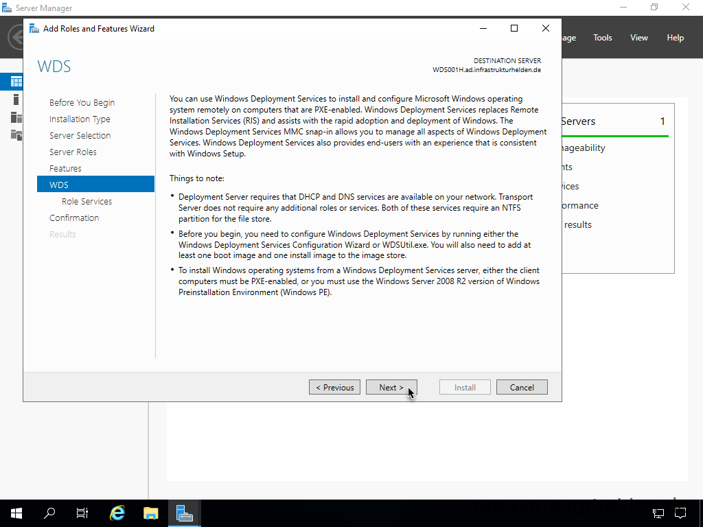 Netzwerkinstallation mit dem Microsoft Deployment Toolkit – Teil 4: Integration des Base Image und des Windows Deployment Service - server manager add roles and features wizard age 3 Screenshot: Installation Windows Deployment Service - WDS