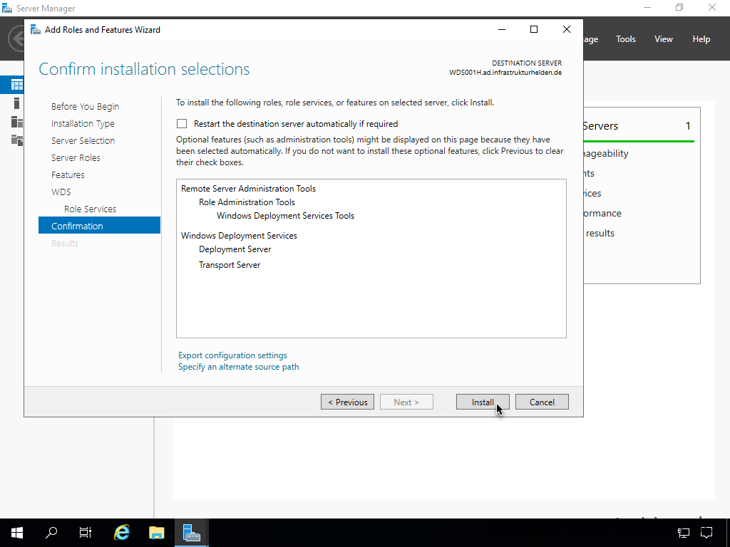 Netzwerkinstallation mit dem Microsoft Deployment Toolkit – Teil 4: Integration des Base Image und des Windows Deployment Service - server manager add roles and features wizard con 1 Screenshot: Installation Windows Deployment Service - Confirmation