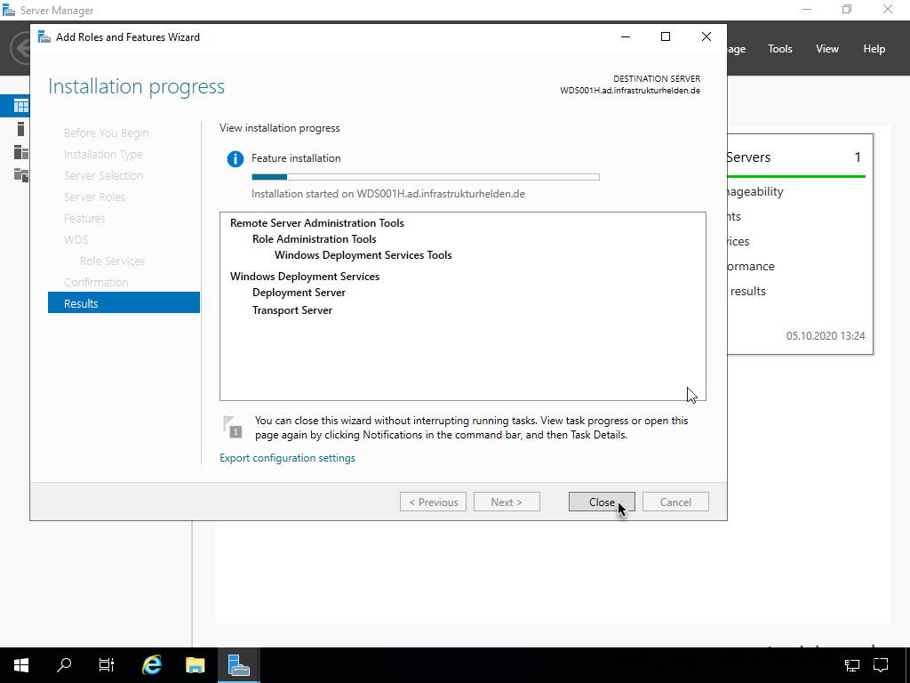 Netzwerkinstallation mit dem Microsoft Deployment Toolkit – Teil 4: Integration des Base Image und des Windows Deployment Service - server manager add roles and features wizard ins 1 Screenshot: Installation Windows Deployment Service - Installation Process