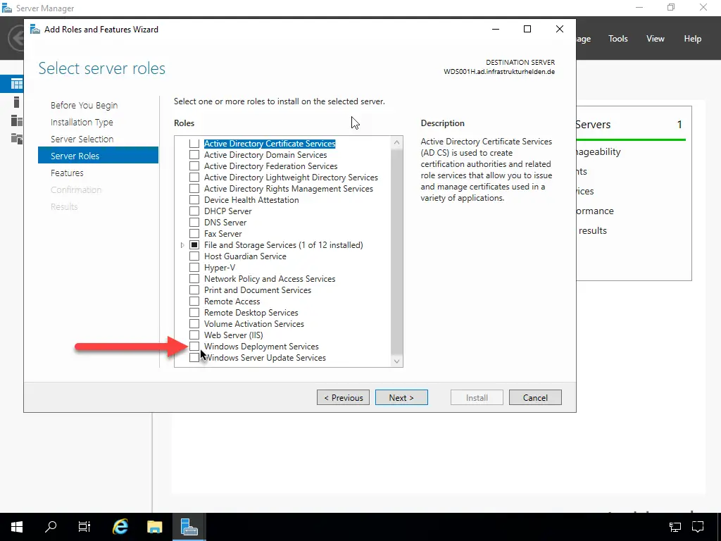Screenshot: Installation Windows Deployment Service - Select WDS