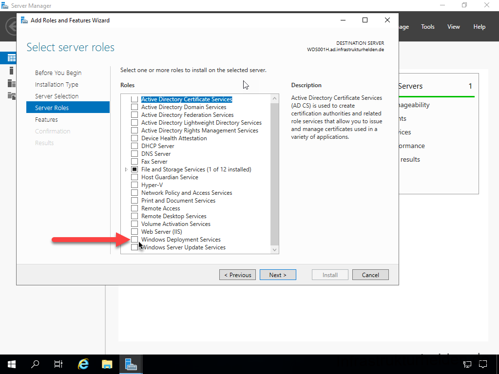 Netzwerkinstallation mit dem Microsoft Deployment Toolkit – Teil 4: Integration des Base Image und des Windows Deployment Service - server manager add roles and features wizard sel 4 Screenshot: Installation Windows Deployment Service - Select WDS