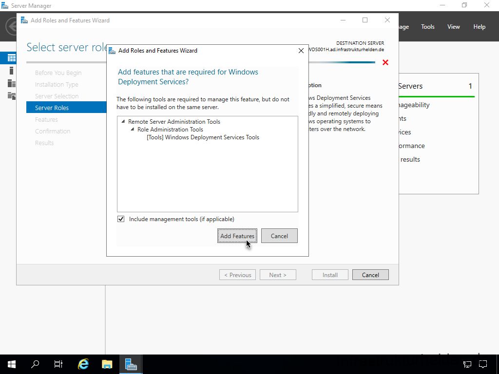 Netzwerkinstallation mit dem Microsoft Deployment Toolkit – Teil 4: Integration des Base Image und des Windows Deployment Service - server manager add roles and features wizard sel 5 Screenshot: Installation Windows Deployment Service - Install RSAT