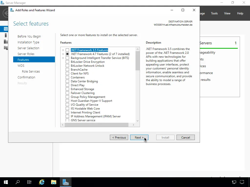 Screenshot: Installation Windows Deployment Service - Feature Selection
