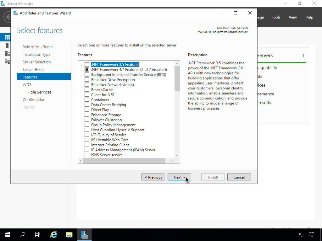Netzwerkinstallation mit dem Microsoft Deployment Toolkit – Teil 4: Integration des Base Image und des Windows Deployment Service - server manager add roles and features wizard sel 6 Screenshot: Installation Windows Deployment Service - Feature Selection