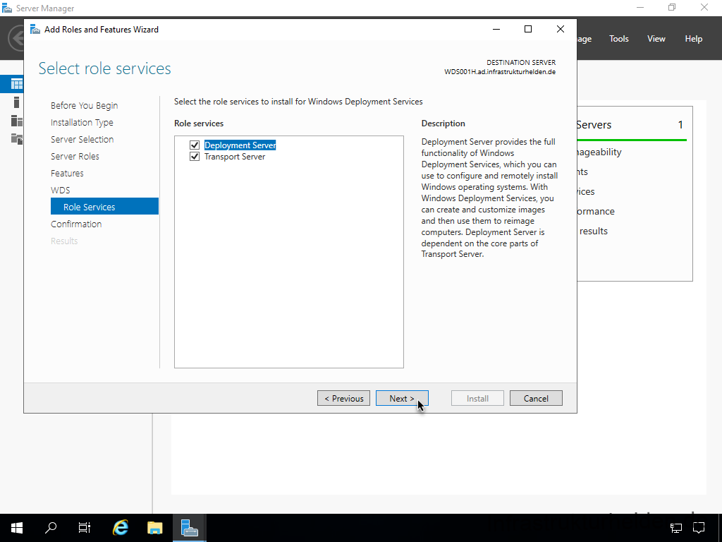 Netzwerkinstallation mit dem Microsoft Deployment Toolkit – Teil 4: Integration des Base Image und des Windows Deployment Service - server manager add roles and features wizard sel 7 Screenshot: Installation Windows Deployment Service - WDS Rolles