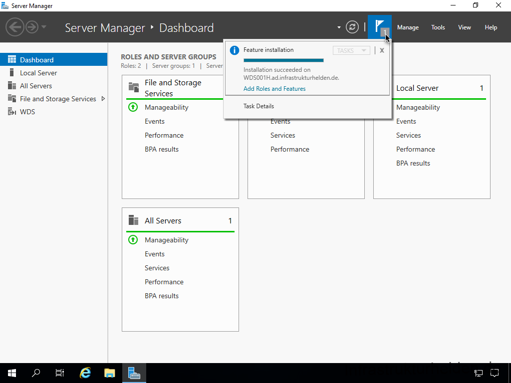 Netzwerkinstallation mit dem Microsoft Deployment Toolkit – Teil 4: Integration des Base Image und des Windows Deployment Service - server manager server manager dashboard manage 1 Screenshot: Installation Windows Deployment Service - Server Manager