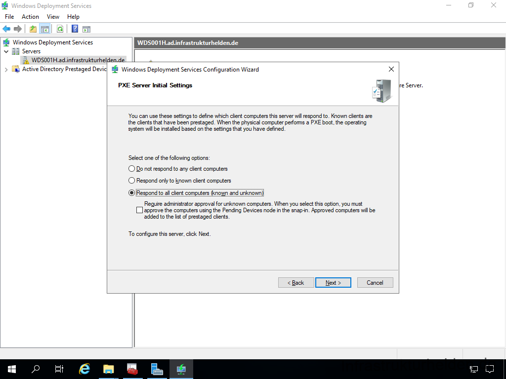 Netzwerkinstallation mit dem Microsoft Deployment Toolkit – Teil 4: Integration des Base Image und des Windows Deployment Service - windows deployment services file action view help 17 Screenshot: Konfiguration des Windows Deployment Service - PXE Server Initial Settings