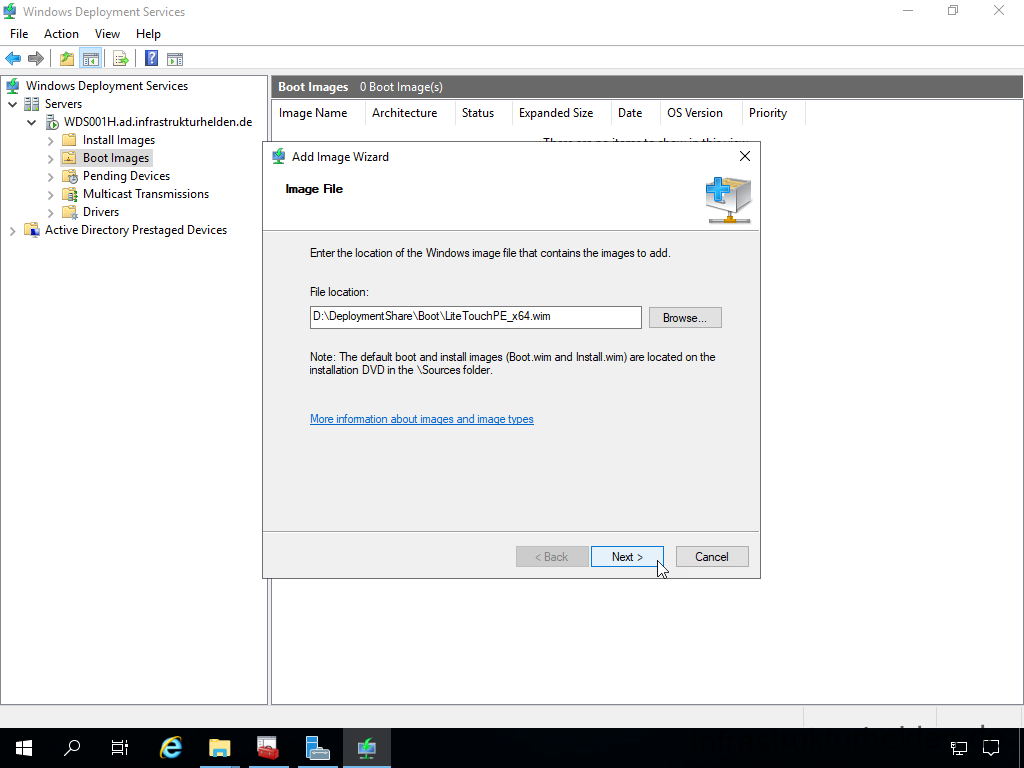 Netzwerkinstallation mit dem Microsoft Deployment Toolkit – Teil 4: Integration des Base Image und des Windows Deployment Service - windows deployment services file action view help 20 Screenshot: Konfiguration des Windows Deployment Service - Select MDT WIM