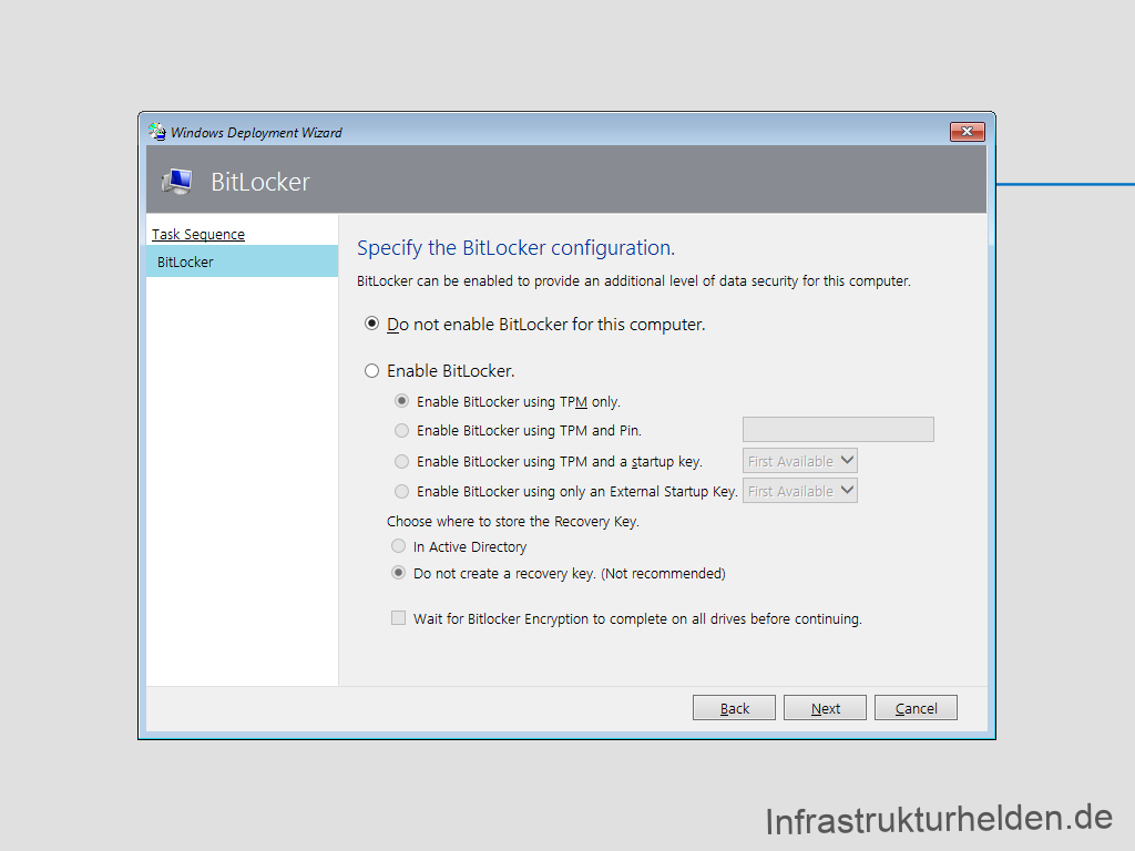 Netzwerkinstallation mit dem Microsoft Deployment Toolkit – Teil 3: Erstellung von Tasksequenzen - windows deployment wizard bitlocker task sequenc 1 Screenshot: MDT - Testinstallation - BitLocker selection