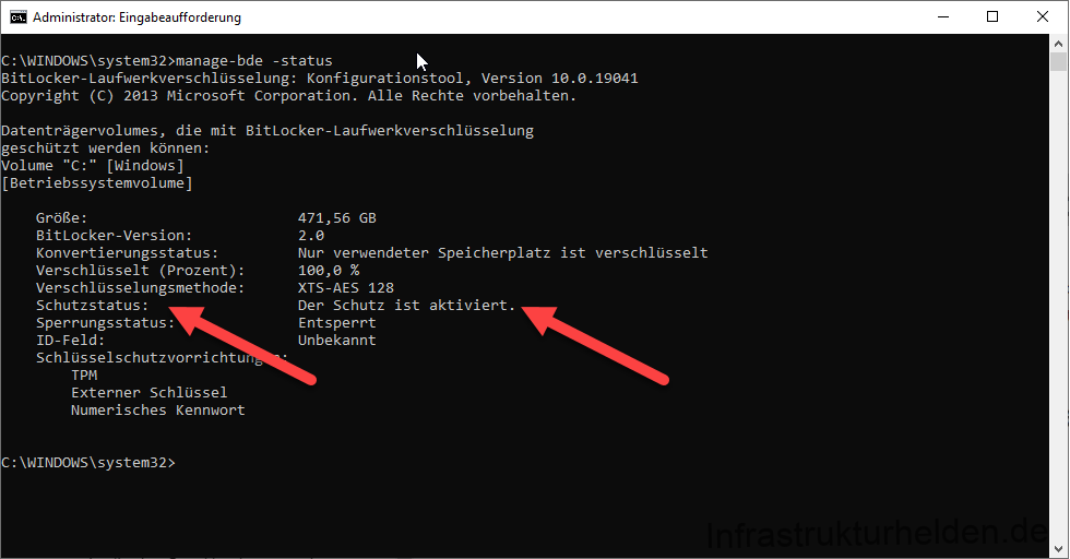 BitLocker Wiederherstellungs Keys nachträglich im Active Directory mit der PowerShell sichern - image Ausgabe von Manage-bde auf Deutschsprachigen Windows 10 20H2
