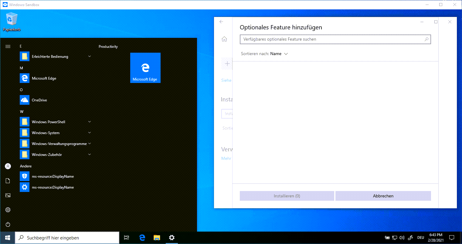 Die Windows 10 Sandbox - 20210228 Sandbox 04 a screenshot of a Windows 10 Sandbox screen with startmenu open and Features List