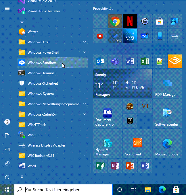 Windows Sandbox im Startmenu