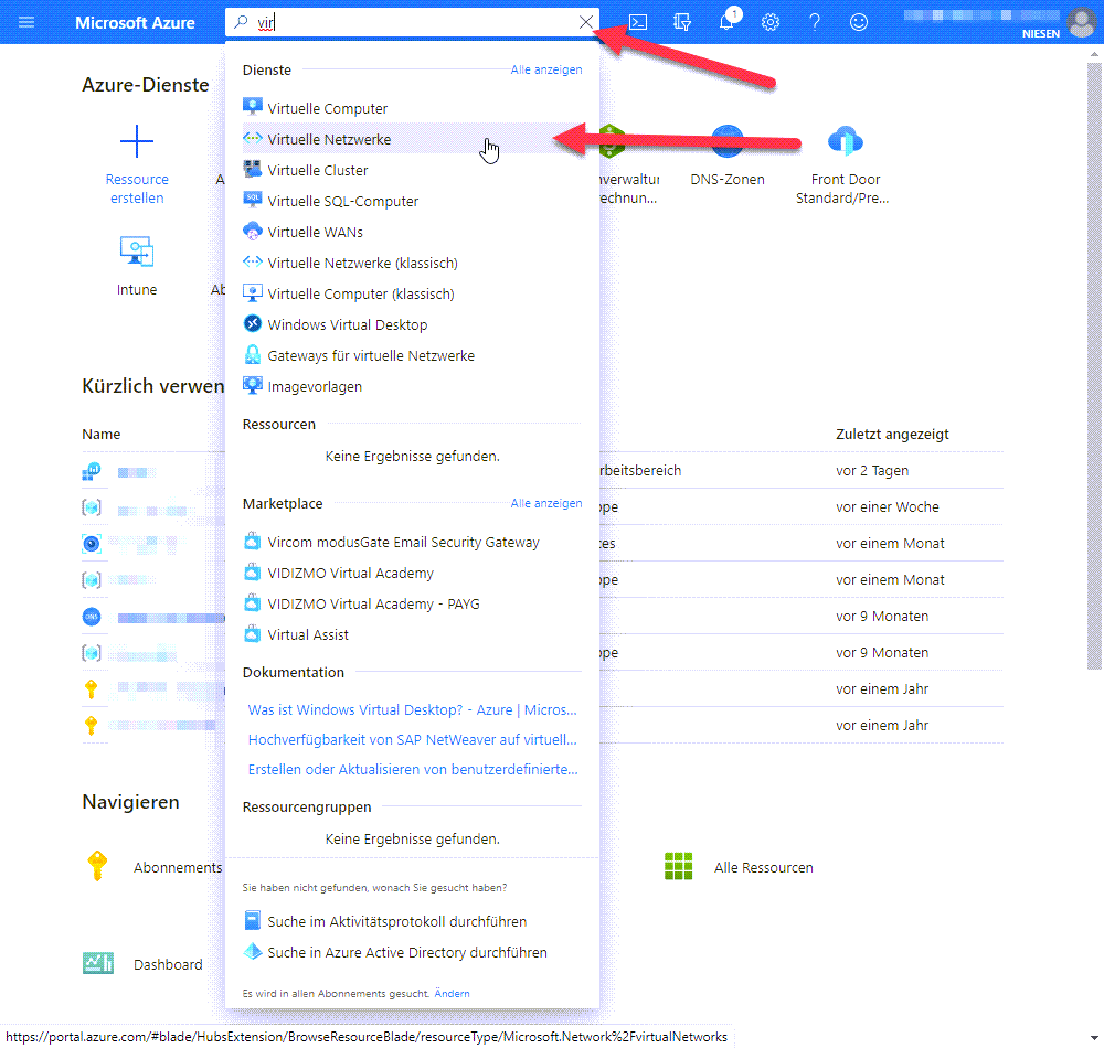 Anlegen eines Virtuellen Netzwerk in Azure - Network 02 Suche Suchen Sie in der Suchmaske nach Virtuellen Netzwerken