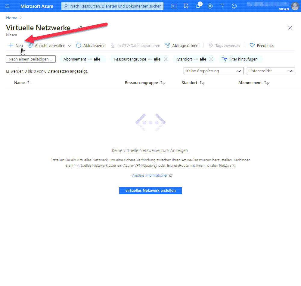 Anlegen eines Virtuellen Netzwerk in Azure - Network 03 Neues Netzwerk Klicken Sie auf "Neu" um ein neues Virtuelles Netzwerk anzulegen.