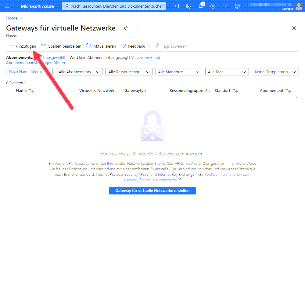 Anlegen eines VPN Gateway in Azure - Network 11 Gateway anlegen Fügen Sie ein neues Gateway hinzu Klicken Sie auf der Seite "Gateways für virtuelle Netzwerke" auf "hinzufügen" um ein neues Gateway anzulegen.
