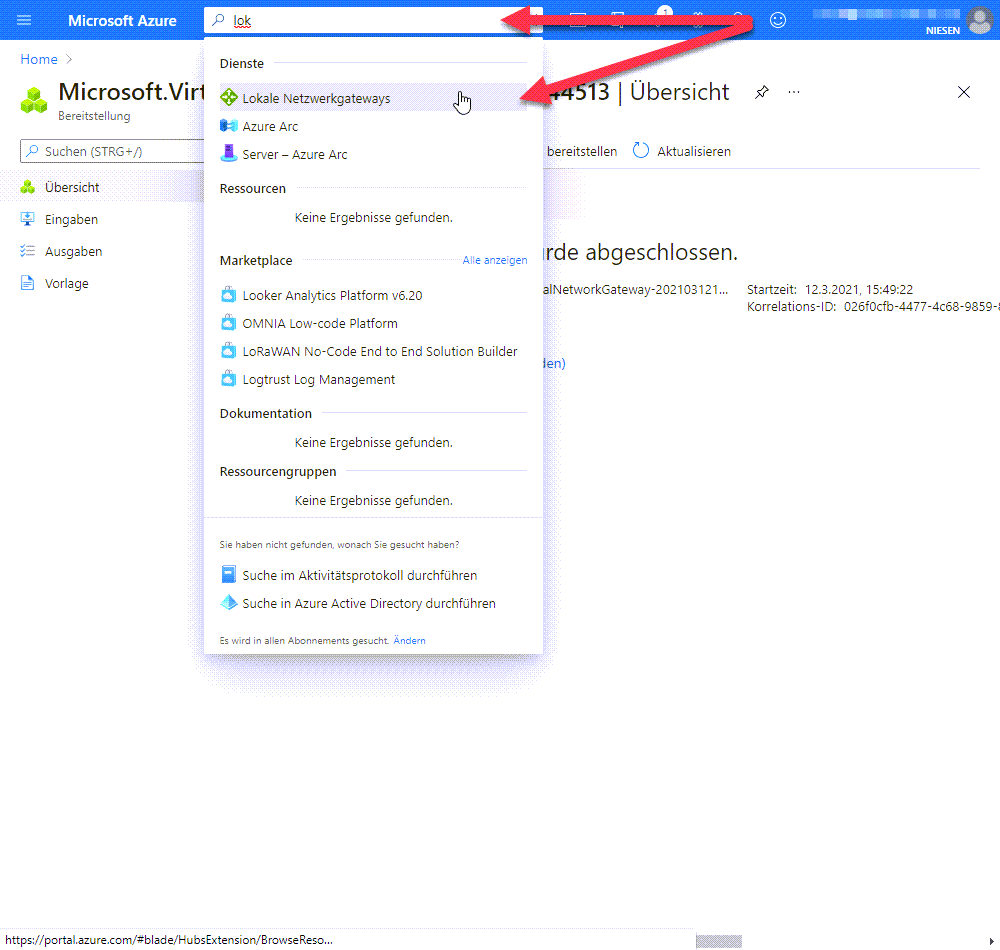Anbinden von Azure VPN an des interne Netzwerk - Network 21 S2S Local Gateway suche Erstellen des Lokalen Netzwerkgateway Suchen Sie im Azure Portal nach "Lokale Netzwerkgateways" und wählen den Eintrag aus.